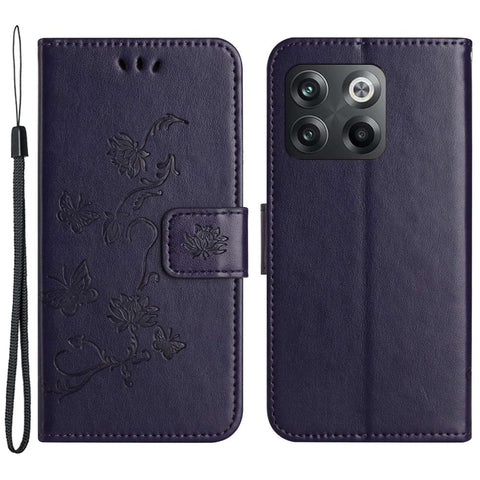 For OnePlus 10T 5G / Ace Pro 5G Butterfly Flower Imprinted Phone Case PU Leather Wallet Cover Stand Shockproof Phone Shell with Strap