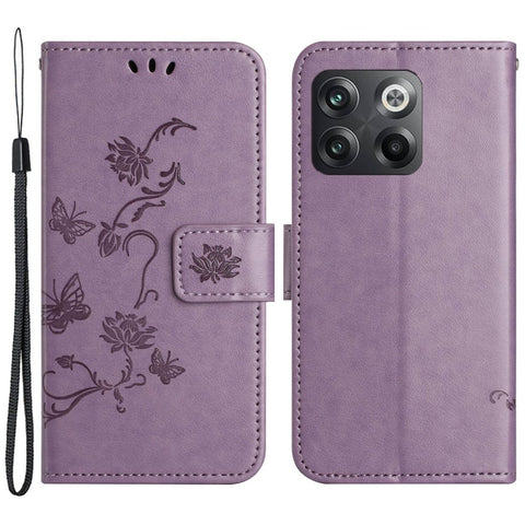 For OnePlus 10T 5G / Ace Pro 5G Butterfly Flower Imprinted Phone Case PU Leather Wallet Cover Stand Shockproof Phone Shell with Strap