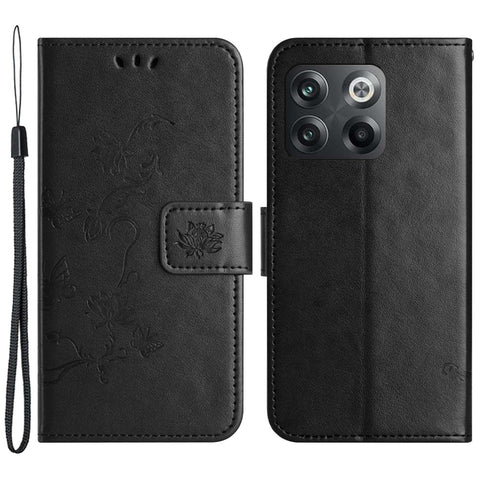 For OnePlus 10T 5G / Ace Pro 5G Butterfly Flower Imprinted Phone Case PU Leather Wallet Cover Stand Shockproof Phone Shell with Strap