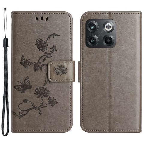 For OnePlus 10T 5G / Ace Pro 5G Butterfly Flower Imprinted Phone Case PU Leather Wallet Cover Stand Shockproof Phone Shell with Strap