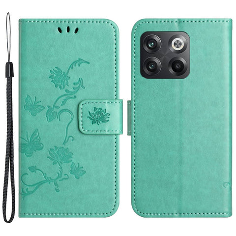 For OnePlus 10T 5G / Ace Pro 5G Butterfly Flower Imprinted Phone Case PU Leather Wallet Cover Stand Shockproof Phone Shell with Strap