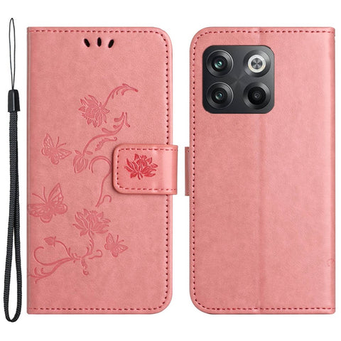 For OnePlus 10T 5G / Ace Pro 5G Butterfly Flower Imprinted Phone Case PU Leather Wallet Cover Stand Shockproof Phone Shell with Strap