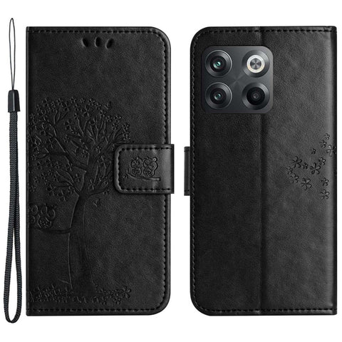 For OnePlus 10T 5G / Ace Pro 5G Drop-proof PU Leather Phone Case Imprinted Owl Tree Pattern Wallet Stand Protective Shell with Wrist Strap
