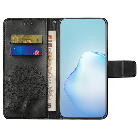 For OnePlus 10T 5G / Ace Pro 5G Drop-proof PU Leather Phone Case Imprinted Owl Tree Pattern Wallet Stand Protective Shell with Wrist Strap