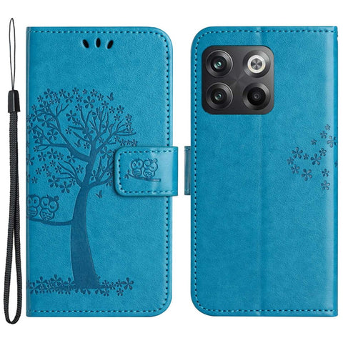 For OnePlus 10T 5G / Ace Pro 5G Drop-proof PU Leather Phone Case Imprinted Owl Tree Pattern Wallet Stand Protective Shell with Wrist Strap