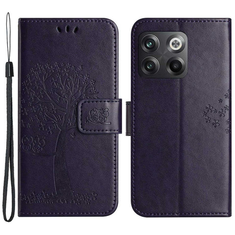 For OnePlus 10T 5G / Ace Pro 5G Drop-proof PU Leather Phone Case Imprinted Owl Tree Pattern Wallet Stand Protective Shell with Wrist Strap