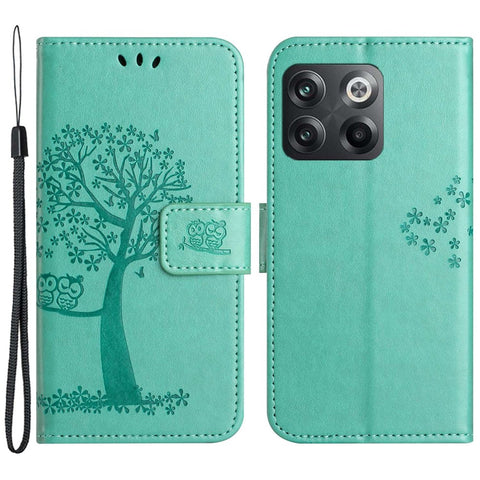 For OnePlus 10T 5G / Ace Pro 5G Drop-proof PU Leather Phone Case Imprinted Owl Tree Pattern Wallet Stand Protective Shell with Wrist Strap
