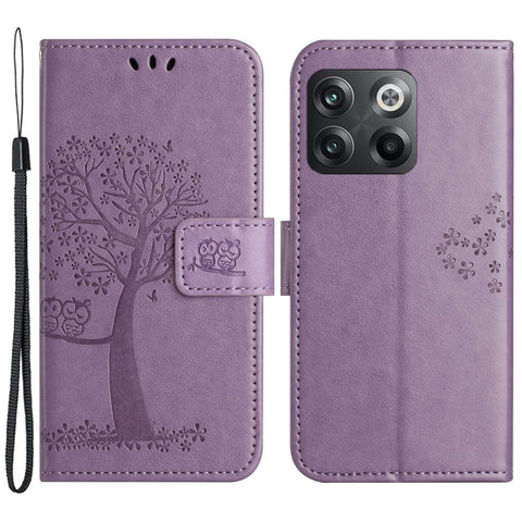 For OnePlus 10T 5G / Ace Pro 5G Drop-proof PU Leather Phone Case Imprinted Owl Tree Pattern Wallet Stand Protective Shell with Wrist Strap