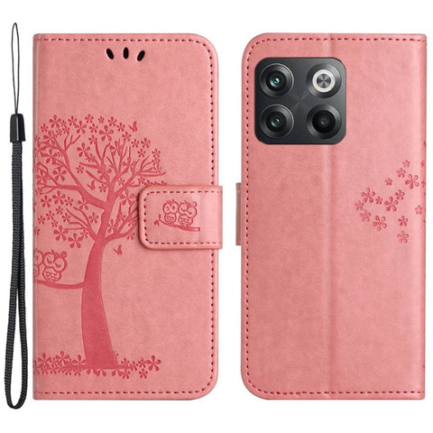 For OnePlus 10T 5G / Ace Pro 5G Drop-proof PU Leather Phone Case Imprinted Owl Tree Pattern Wallet Stand Protective Shell with Wrist Strap