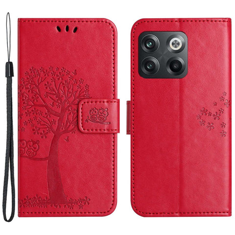 For OnePlus 10T 5G / Ace Pro 5G Drop-proof PU Leather Phone Case Imprinted Owl Tree Pattern Wallet Stand Protective Shell with Wrist Strap