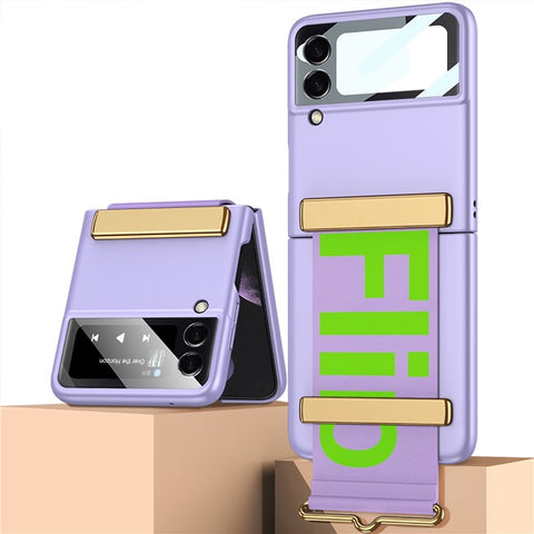 GKK for Samsung Galaxy Z Flip4 5G Hand Strap Design Hard PC Electroplating Folding Phone Case with Small Screen Tempered Glass Film