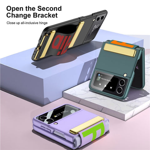 GKK for Samsung Galaxy Z Flip4 5G Hand Strap Design Hard PC Electroplating Folding Phone Case with Small Screen Tempered Glass Film