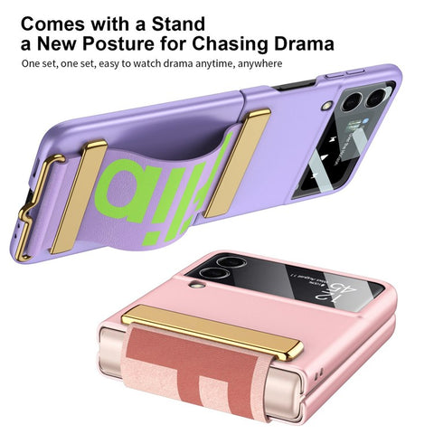 GKK for Samsung Galaxy Z Flip4 5G Hand Strap Design Hard PC Electroplating Folding Phone Case with Small Screen Tempered Glass Film