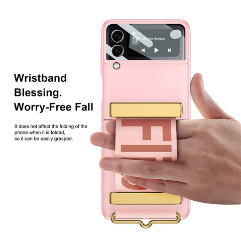 GKK for Samsung Galaxy Z Flip4 5G Hand Strap Design Hard PC Electroplating Folding Phone Case with Small Screen Tempered Glass Film