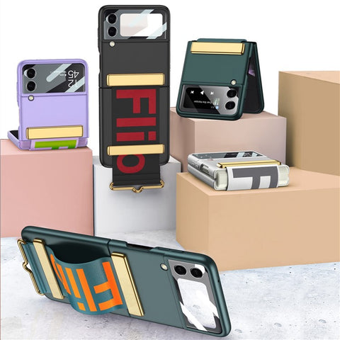 GKK for Samsung Galaxy Z Flip4 5G Hand Strap Design Hard PC Electroplating Folding Phone Case with Small Screen Tempered Glass Film