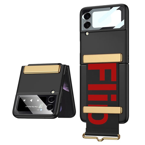 GKK for Samsung Galaxy Z Flip4 5G Hand Strap Design Hard PC Electroplating Folding Phone Case with Small Screen Tempered Glass Film