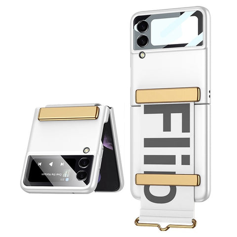 GKK for Samsung Galaxy Z Flip4 5G Hand Strap Design Hard PC Electroplating Folding Phone Case with Small Screen Tempered Glass Film