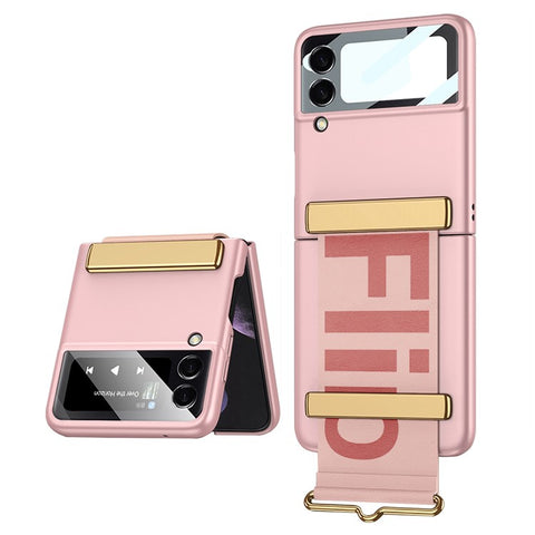 GKK for Samsung Galaxy Z Flip4 5G Hand Strap Design Hard PC Electroplating Folding Phone Case with Small Screen Tempered Glass Film