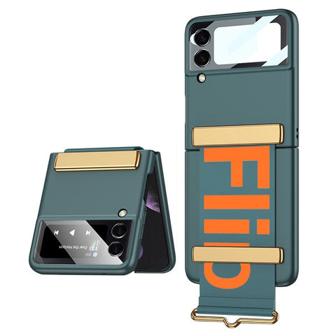 GKK for Samsung Galaxy Z Flip4 5G Hand Strap Design Hard PC Electroplating Folding Phone Case with Small Screen Tempered Glass Film