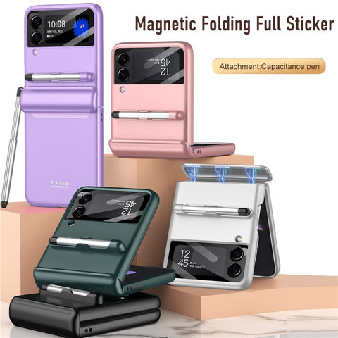 GKK For Samsung Galaxy Z Flip4 5G Magnetic Hinge PC Folding Phone Case Camera Lens Film Design Drop-proof Cover with Stylus Pen