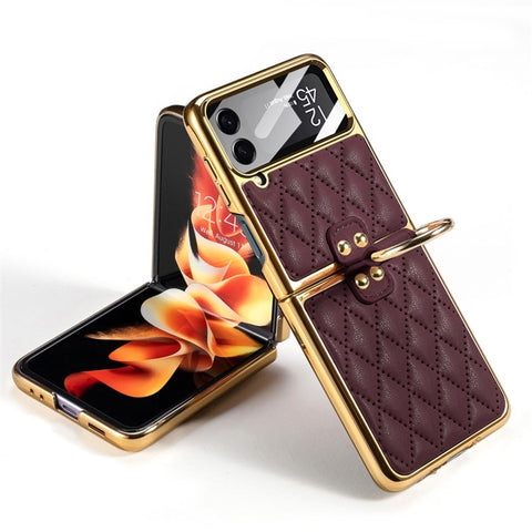 GKK For Samsung Galaxy Z Flip4 5G Ring Kickstand Case Rhombus Grid Pattern Imprinted PU Leather Coated PC Electroplating Cover with Small Screen Film