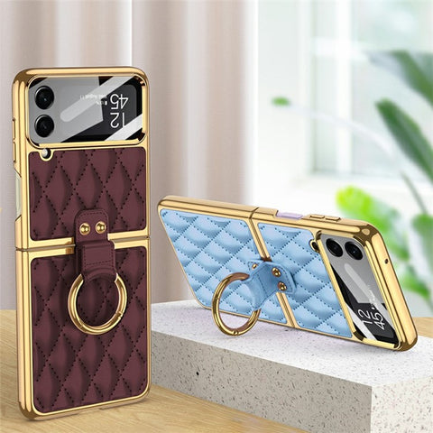 GKK For Samsung Galaxy Z Flip4 5G Ring Kickstand Case Rhombus Grid Pattern Imprinted PU Leather Coated PC Electroplating Cover with Small Screen Film