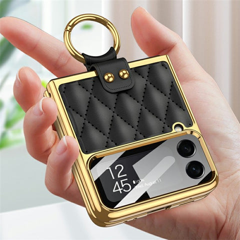GKK For Samsung Galaxy Z Flip4 5G Ring Kickstand Case Rhombus Grid Pattern Imprinted PU Leather Coated PC Electroplating Cover with Small Screen Film