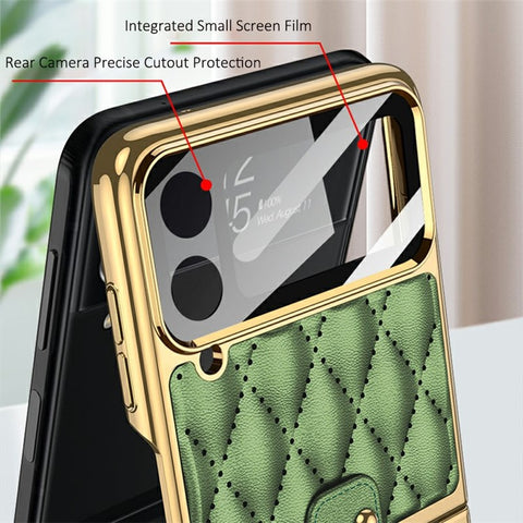 GKK For Samsung Galaxy Z Flip4 5G Ring Kickstand Case Rhombus Grid Pattern Imprinted PU Leather Coated PC Electroplating Cover with Small Screen Film