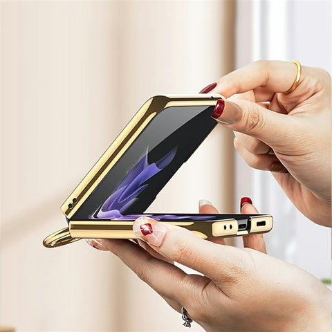 GKK For Samsung Galaxy Z Flip4 5G Ring Kickstand Case Rhombus Grid Pattern Imprinted PU Leather Coated PC Electroplating Cover with Small Screen Film