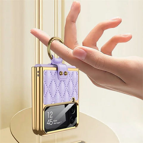 GKK For Samsung Galaxy Z Flip4 5G Ring Kickstand Case Rhombus Grid Pattern Imprinted PU Leather Coated PC Electroplating Cover with Small Screen Film