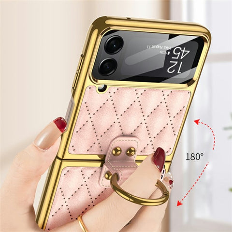 GKK For Samsung Galaxy Z Flip4 5G Ring Kickstand Case Rhombus Grid Pattern Imprinted PU Leather Coated PC Electroplating Cover with Small Screen Film