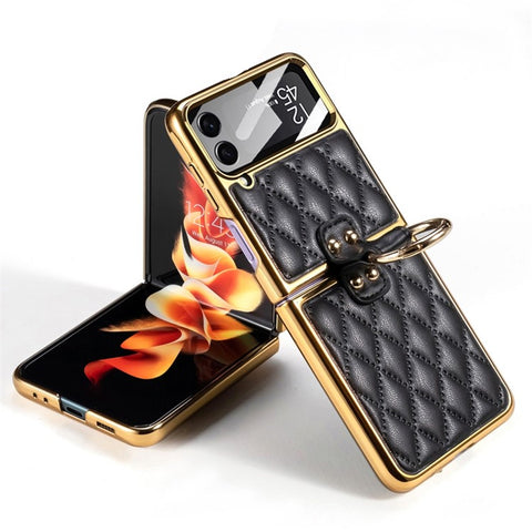 GKK For Samsung Galaxy Z Flip4 5G Ring Kickstand Case Rhombus Grid Pattern Imprinted PU Leather Coated PC Electroplating Cover with Small Screen Film