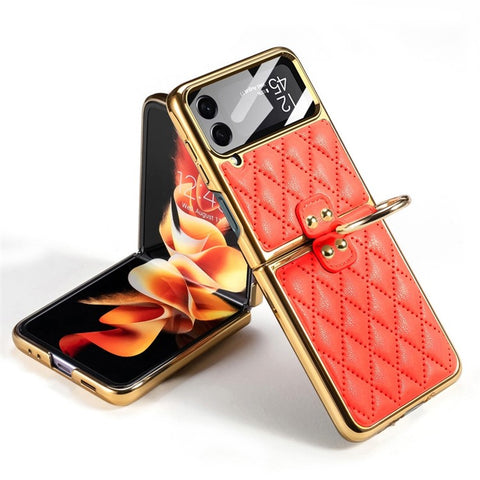 GKK For Samsung Galaxy Z Flip4 5G Ring Kickstand Case Rhombus Grid Pattern Imprinted PU Leather Coated PC Electroplating Cover with Small Screen Film