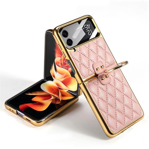 GKK For Samsung Galaxy Z Flip4 5G Ring Kickstand Case Rhombus Grid Pattern Imprinted PU Leather Coated PC Electroplating Cover with Small Screen Film