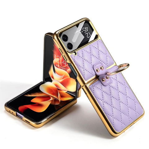 GKK For Samsung Galaxy Z Flip4 5G Ring Kickstand Case Rhombus Grid Pattern Imprinted PU Leather Coated PC Electroplating Cover with Small Screen Film