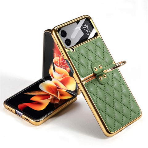 GKK For Samsung Galaxy Z Flip4 5G Ring Kickstand Case Rhombus Grid Pattern Imprinted PU Leather Coated PC Electroplating Cover with Small Screen Film