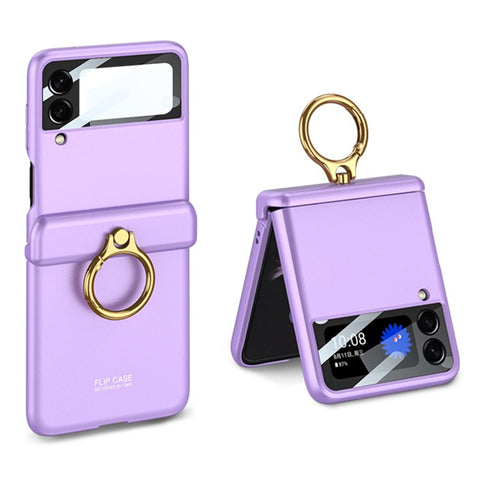 GKK For Samsung Galaxy Z Flip4 5G Anti-scratch Phone Case Metal Ring Holder Kickstand Magnetic Absorption Hinge PC Folding Cover with Camera Lens Film