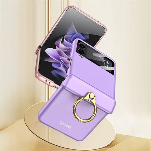 GKK For Samsung Galaxy Z Flip4 5G Anti-scratch Phone Case Metal Ring Holder Kickstand Magnetic Absorption Hinge PC Folding Cover with Camera Lens Film
