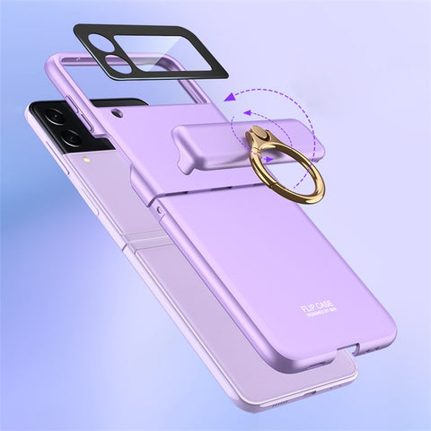 GKK For Samsung Galaxy Z Flip4 5G Anti-scratch Phone Case Metal Ring Holder Kickstand Magnetic Absorption Hinge PC Folding Cover with Camera Lens Film