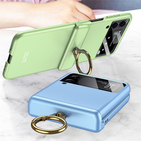 GKK For Samsung Galaxy Z Flip4 5G Anti-scratch Phone Case Metal Ring Holder Kickstand Magnetic Absorption Hinge PC Folding Cover with Camera Lens Film