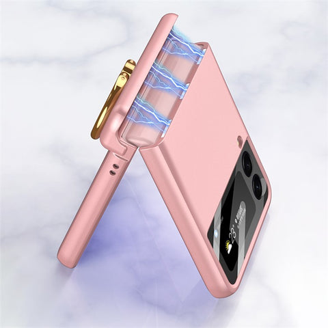 GKK For Samsung Galaxy Z Flip4 5G Anti-scratch Phone Case Metal Ring Holder Kickstand Magnetic Absorption Hinge PC Folding Cover with Camera Lens Film