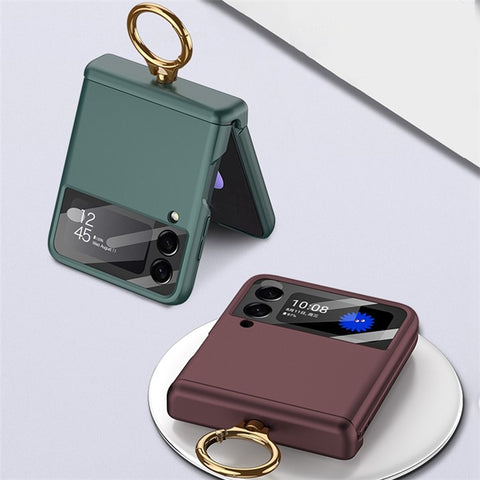 GKK For Samsung Galaxy Z Flip4 5G Anti-scratch Phone Case Metal Ring Holder Kickstand Magnetic Absorption Hinge PC Folding Cover with Camera Lens Film