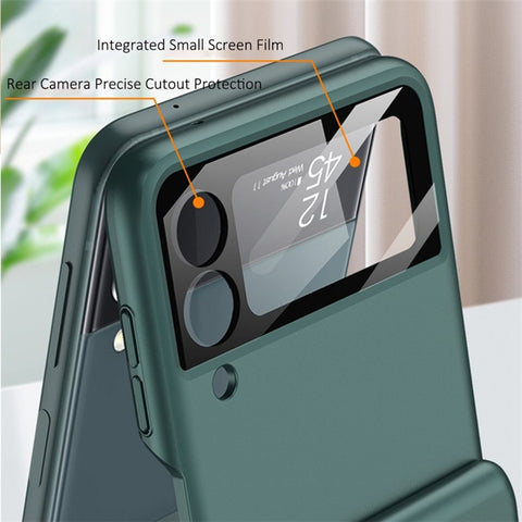 GKK For Samsung Galaxy Z Flip4 5G Anti-scratch Phone Case Metal Ring Holder Kickstand Magnetic Absorption Hinge PC Folding Cover with Camera Lens Film