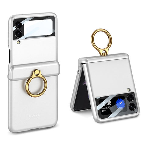 GKK For Samsung Galaxy Z Flip4 5G Anti-scratch Phone Case Metal Ring Holder Kickstand Magnetic Absorption Hinge PC Folding Cover with Camera Lens Film