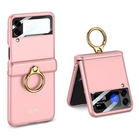 GKK For Samsung Galaxy Z Flip4 5G Anti-scratch Phone Case Metal Ring Holder Kickstand Magnetic Absorption Hinge PC Folding Cover with Camera Lens Film