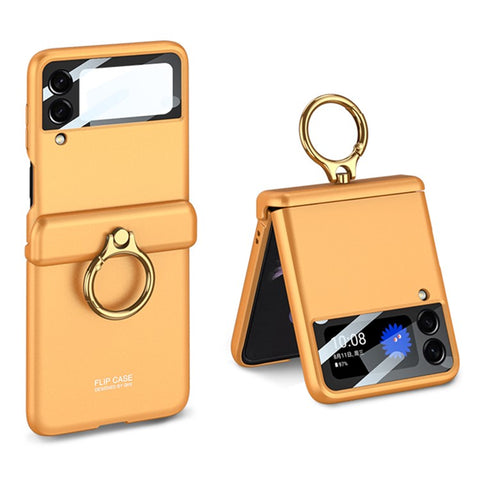 GKK For Samsung Galaxy Z Flip4 5G Anti-scratch Phone Case Metal Ring Holder Kickstand Magnetic Absorption Hinge PC Folding Cover with Camera Lens Film