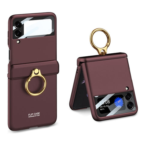 GKK For Samsung Galaxy Z Flip4 5G Anti-scratch Phone Case Metal Ring Holder Kickstand Magnetic Absorption Hinge PC Folding Cover with Camera Lens Film