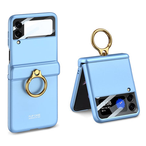 GKK For Samsung Galaxy Z Flip4 5G Anti-scratch Phone Case Metal Ring Holder Kickstand Magnetic Absorption Hinge PC Folding Cover with Camera Lens Film