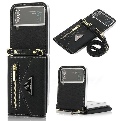 POLA 0819 Phone Case for Samsung Galaxy Z Flip4 5G, Zipper Pocket PU Leather Kickstand Multiple Card Slots Wallet Cover with Shoulder Strap