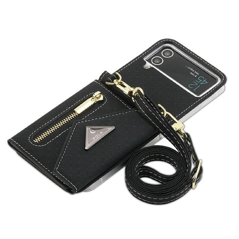 POLA 0819 Phone Case for Samsung Galaxy Z Flip4 5G, Zipper Pocket PU Leather Kickstand Multiple Card Slots Wallet Cover with Shoulder Strap